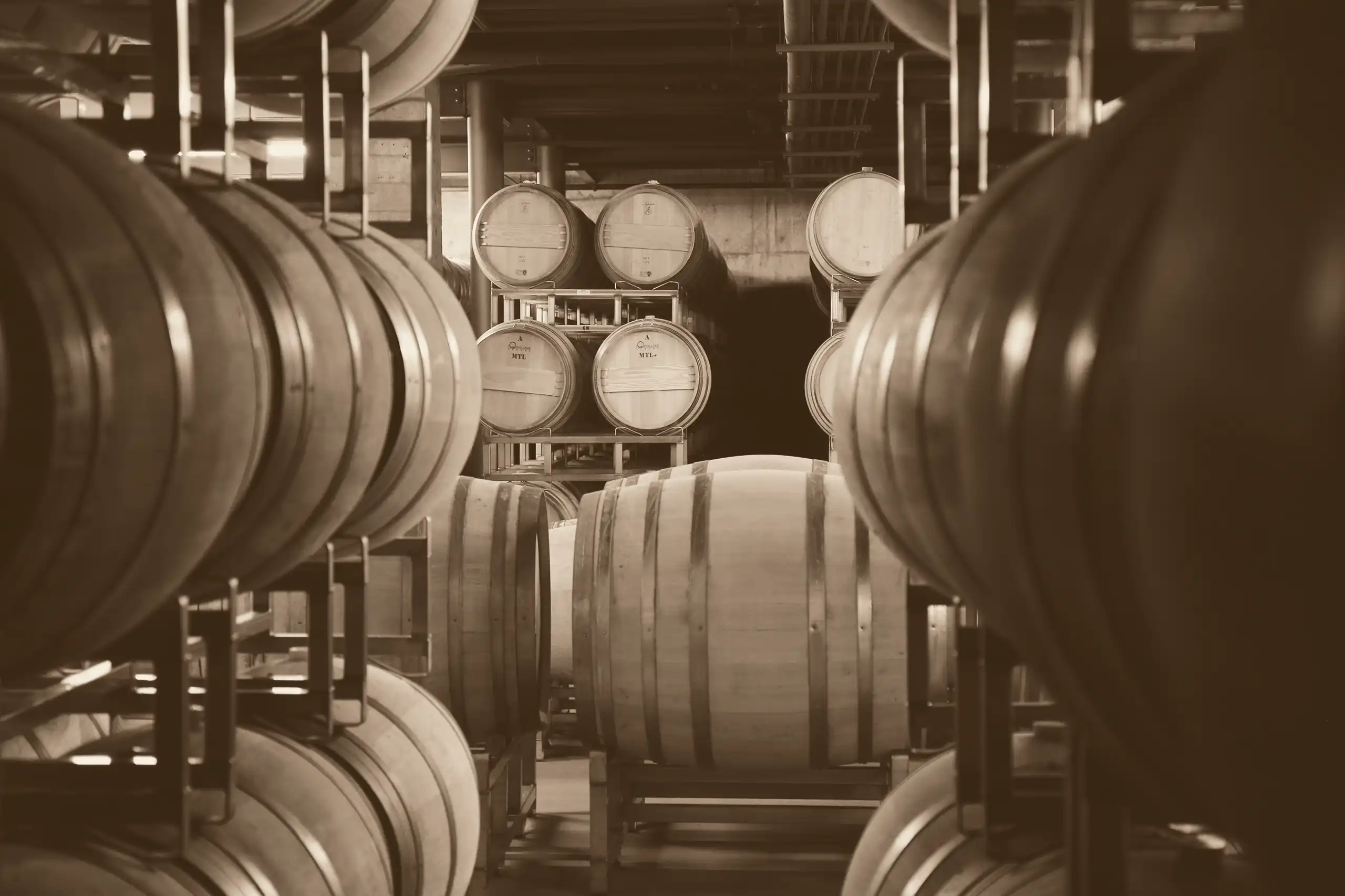 Wine barrels in cellar.